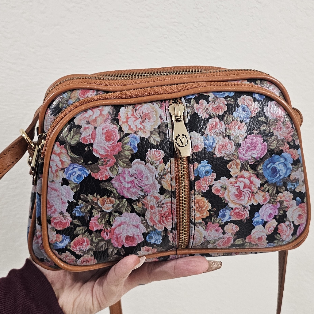 Valentina Leather Floral Crossbody Bag With Tan Accents